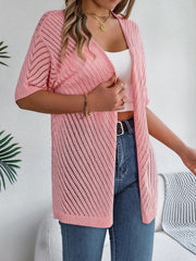 Pink open-knit slouchy cardigan with short sleeves and a chevron pattern.