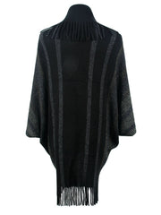 Black knit capelet with vertical metallic stripes and fringe detail at neckline and hem.