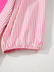 Button-down mini dress with pink and white stripes, puff sleeves, and cinched cuffs.