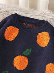 Navy acrylic knit sweater with orange pom-pom fruit pattern and green leaves.
