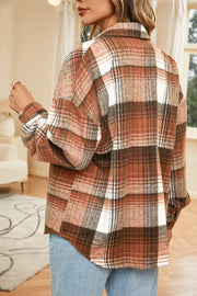Plaid Button Up Shacket in Caramel, close-up detail
