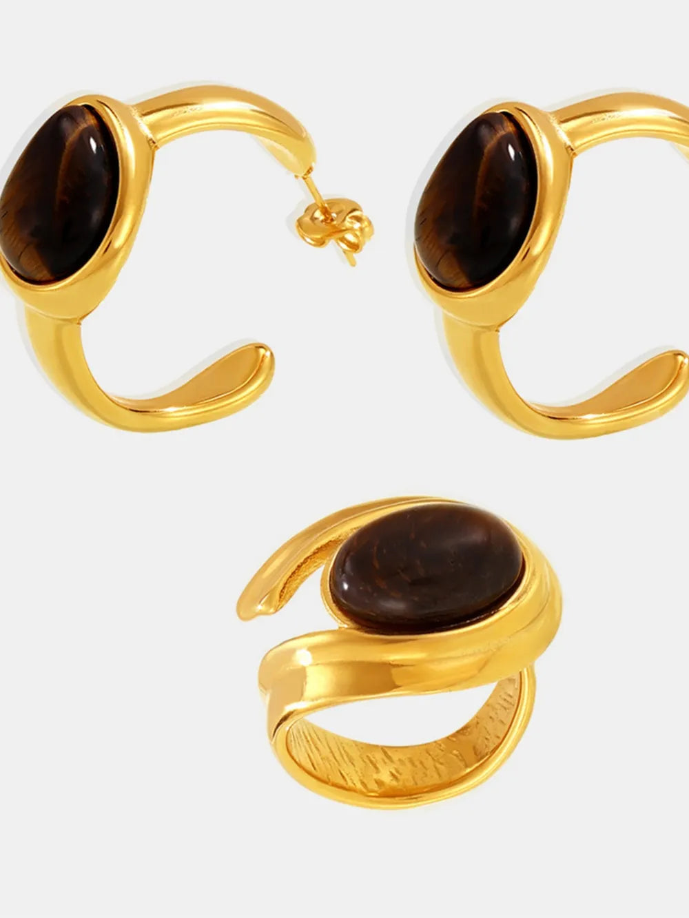Gold hoop earrings and ring with tiger's eye oval cabochon stones