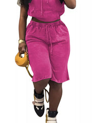 Rose red cotton drawstring hooded two-piece set with shorts and a cropped hoodie.