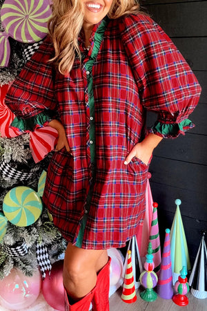 Plaid Ruffle Cuff Button Front Mini Dress in Deep Red, model styling view
