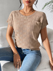 Camel textured check knit pocket tee with short sleeves and crew neck.
