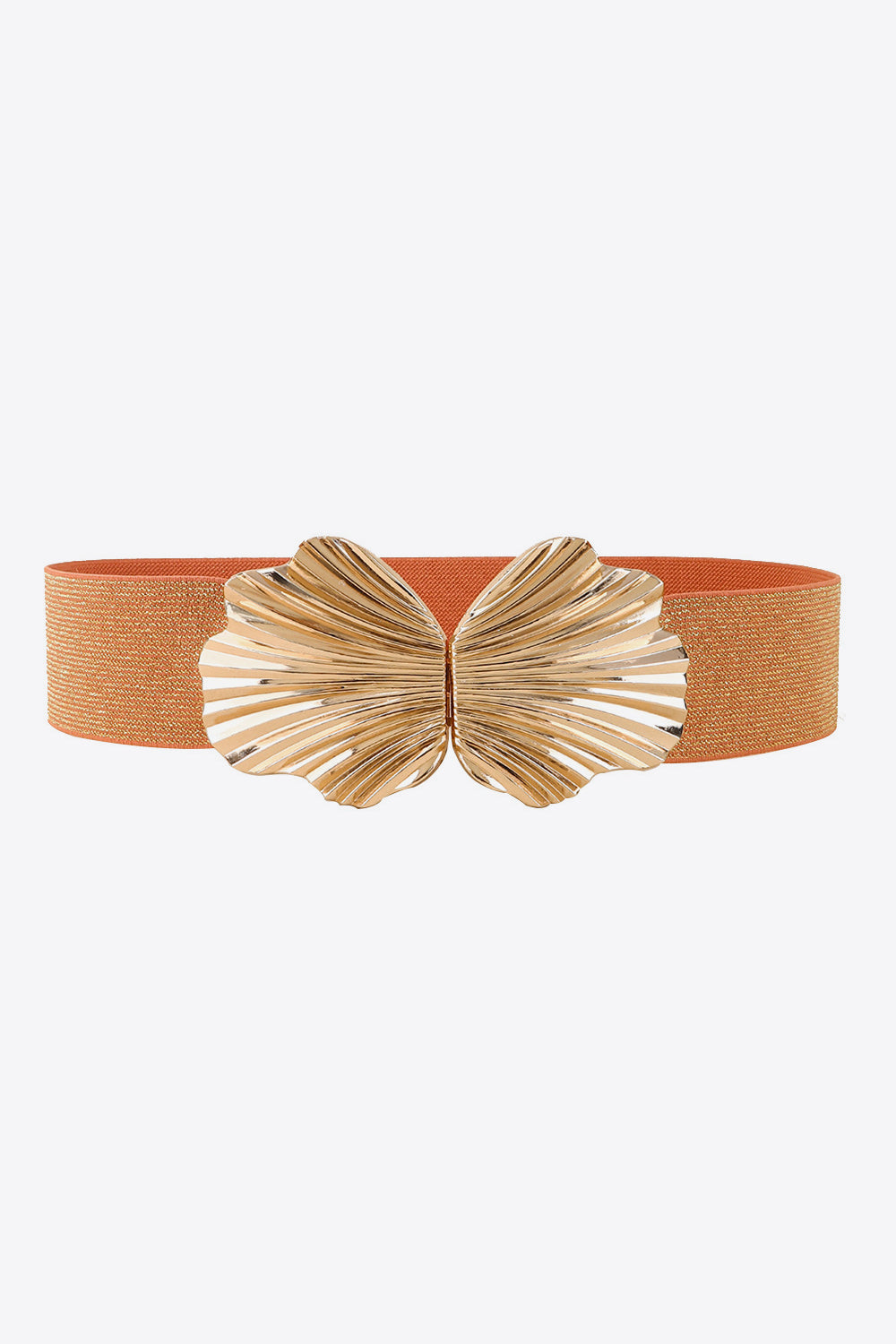 Caramel elastic belt with a sculpted gold butterfly buckle.