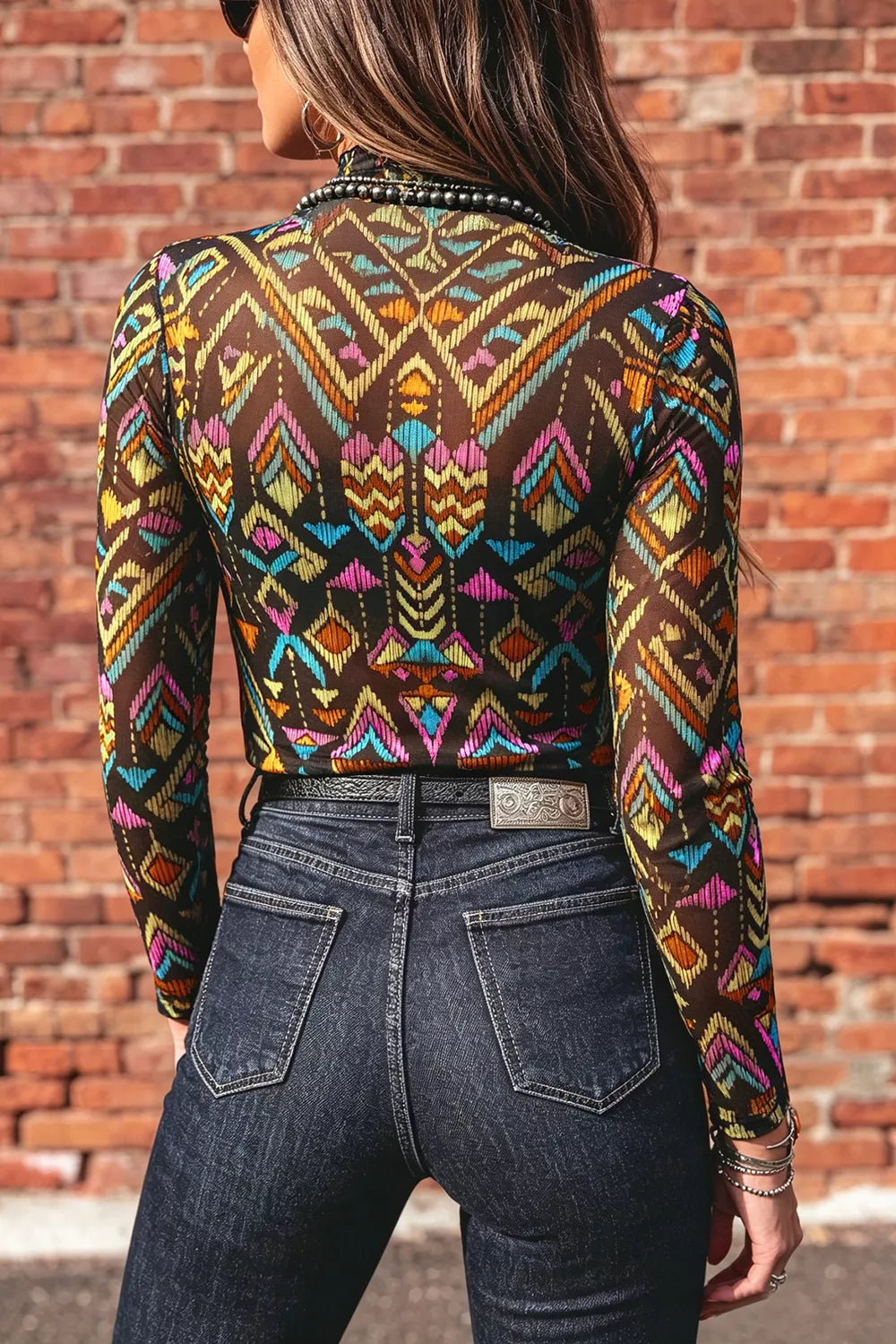 Abstract Print Long Sleeve Mesh Top, model styling view