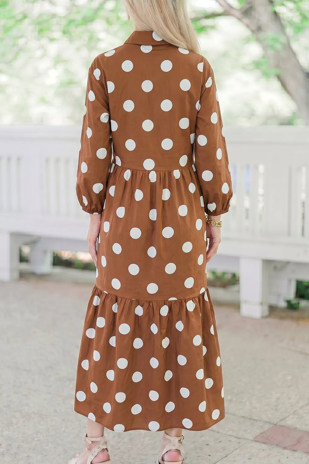 Polka Dot Button Front Long Sleeve Shift Dress in Camel, close-up detail