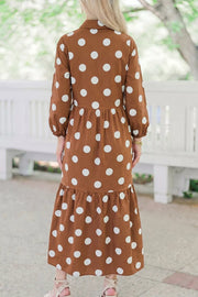 Polka Dot Button Front Long Sleeve Shift Dress in Camel, close-up detail
