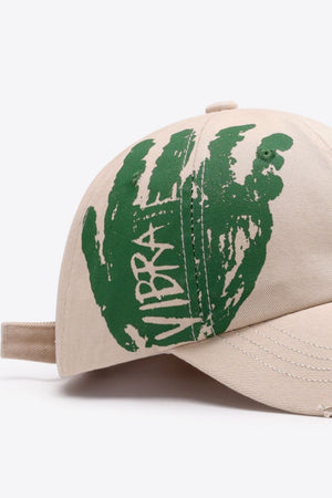 Sand baseball cap with green graffiti art and VIBRA text, adjustable strap