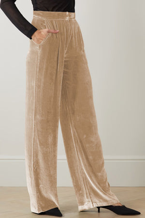 Tan velvet palazzo trousers with high waist and pockets, wide leg