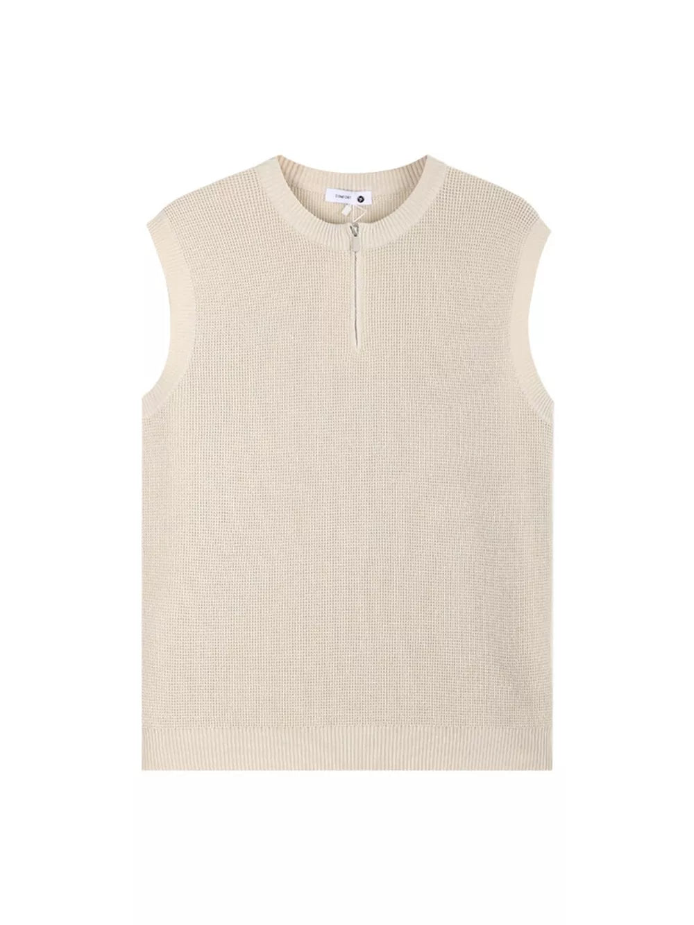 Textured knit men's tank top in apricot with quarter-zip neckline.