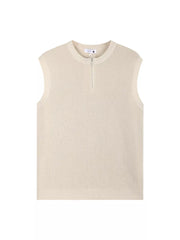 Textured knit men's tank top in apricot with quarter-zip neckline.