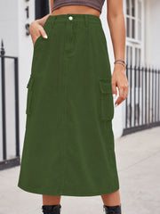 Army green denim midi skirt with cargo pockets and button closure