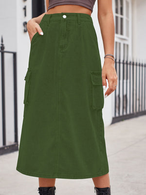 Army green denim midi skirt with cargo pockets and button closure