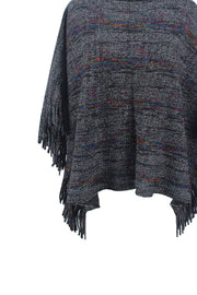 Multicolor knit poncho with fringe detail in charcoal, featuring subtle rainbow stripes.