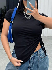 Black asymmetrical ruched t-shirt with short sleeves and a side drawstring detail.