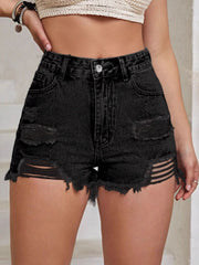 Black distressed denim cutoff shorts with ladder detailing and frayed hem.