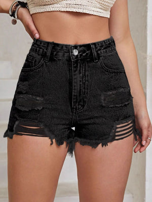 Black distressed denim cutoff shorts with ladder detailing and frayed hem.