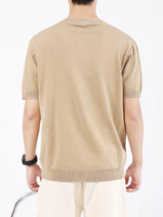 Men's camel ribbed knit t-shirt with short sleeves and crew neck.