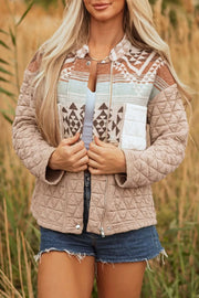 Aztec Quilted Patchwork Western Jacket in Camel, close-up detail