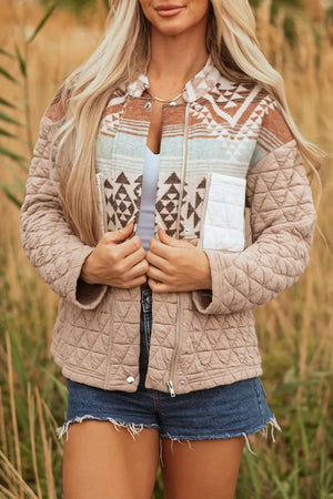 Aztec Quilted Patchwork Western Jacket in Camel, close-up detail