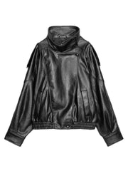 Asymmetrical Faux Leather Moto Jacket in Black, front view