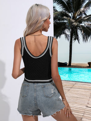 Black scoop knit tank top with white trim and cable knit detail.