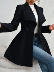 Black draped collar flare-hem coat with a single button closure and a flared hem.