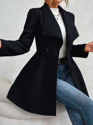 Black draped collar flare-hem coat with a single button closure and a flared hem.