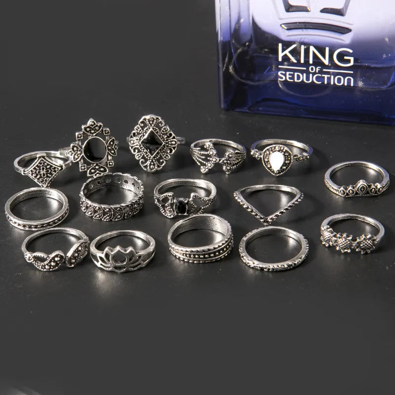 Bohemian silver rings with intricate designs, including lotus and geometric patterns.
