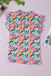 Multicolor leaf print blouse with ruffled collar and short flutter sleeves.