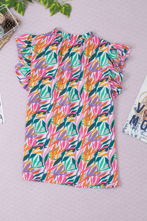 Multicolor leaf print blouse with ruffled collar and short flutter sleeves.