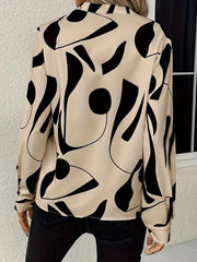 Abstract Print Notched Long Sleeve Blouse in Beige, back view