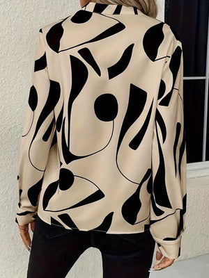 Abstract Print Notched Long Sleeve Blouse in Beige, back view