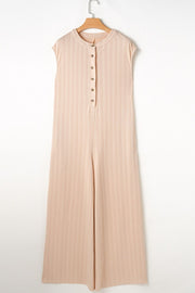 Textured ribbed sleeveless collar jumpsuit in eggshell with button detail