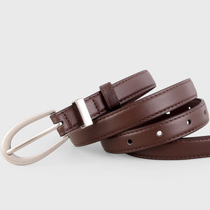 Brown cowhide leather skinny belt with silver buckle and adjustable holes