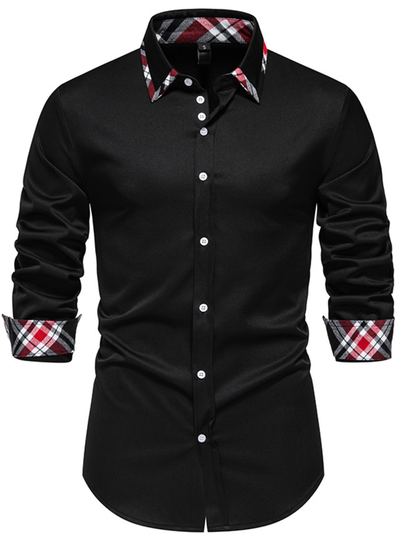 Men's black slim fit shirt with plaid trim on collar and cuffs