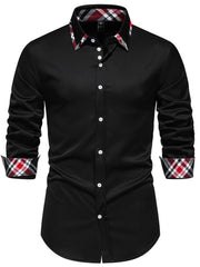 Men's black slim fit shirt with plaid trim on collar and cuffs