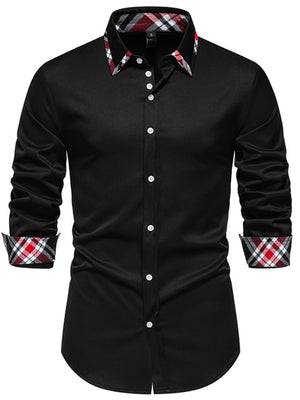 Men's black slim fit shirt with plaid trim on collar and cuffs