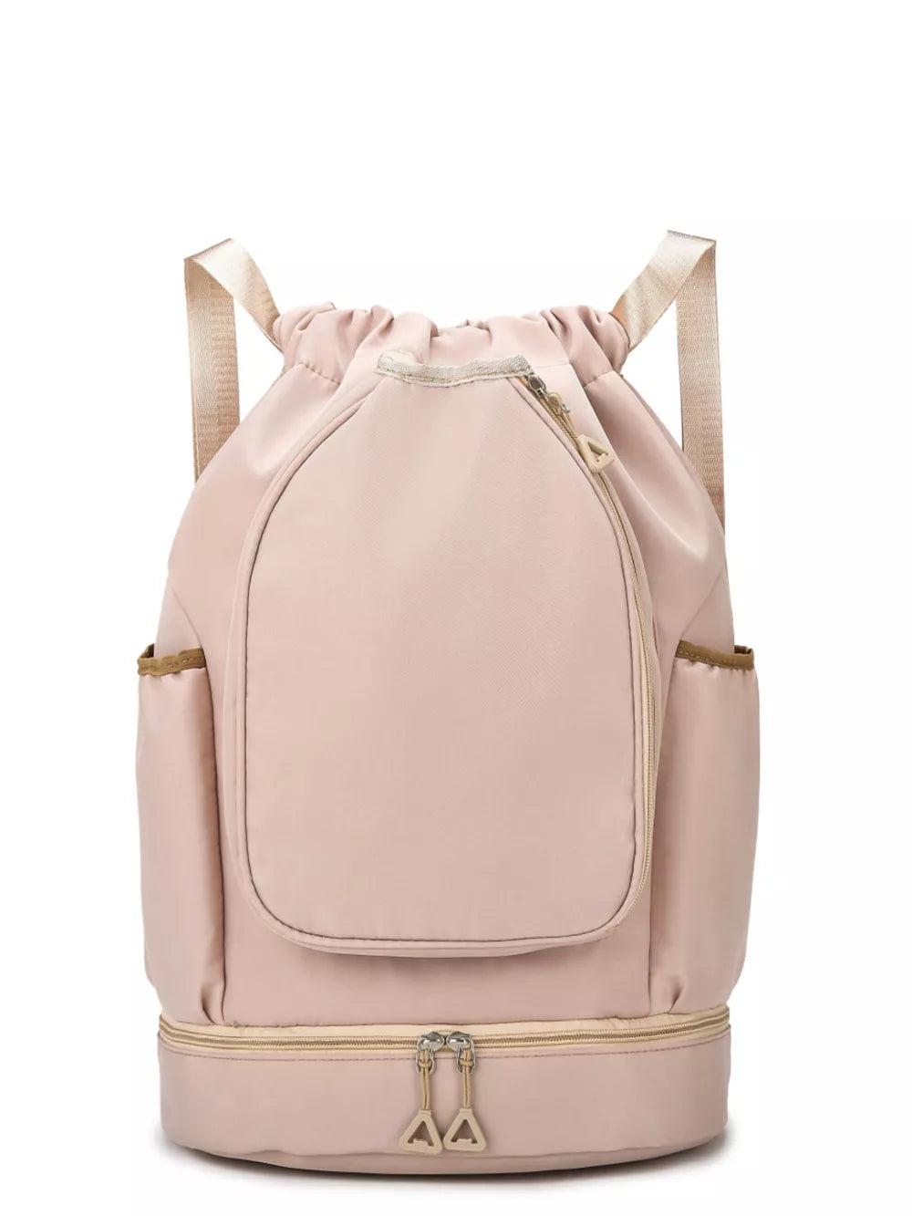 Blush pink drawstring duffel bag with front zip pocket and bottom zip compartment.