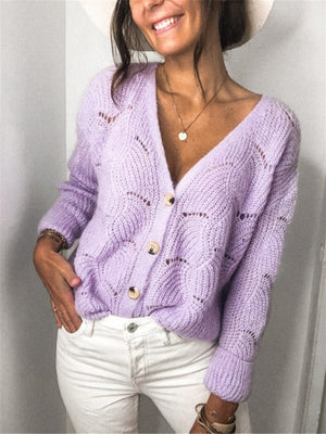 Lavender scalloped knit button-down cardigan with a V-neck and cable knit details.