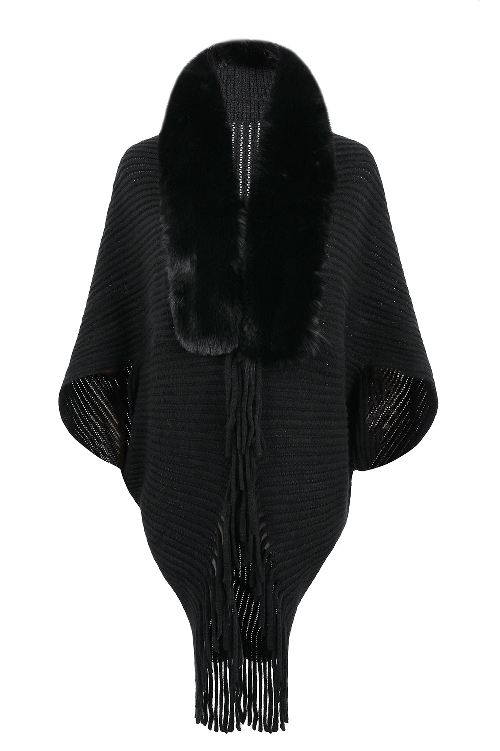 Black knit cape with faux fur collar and fringe detail