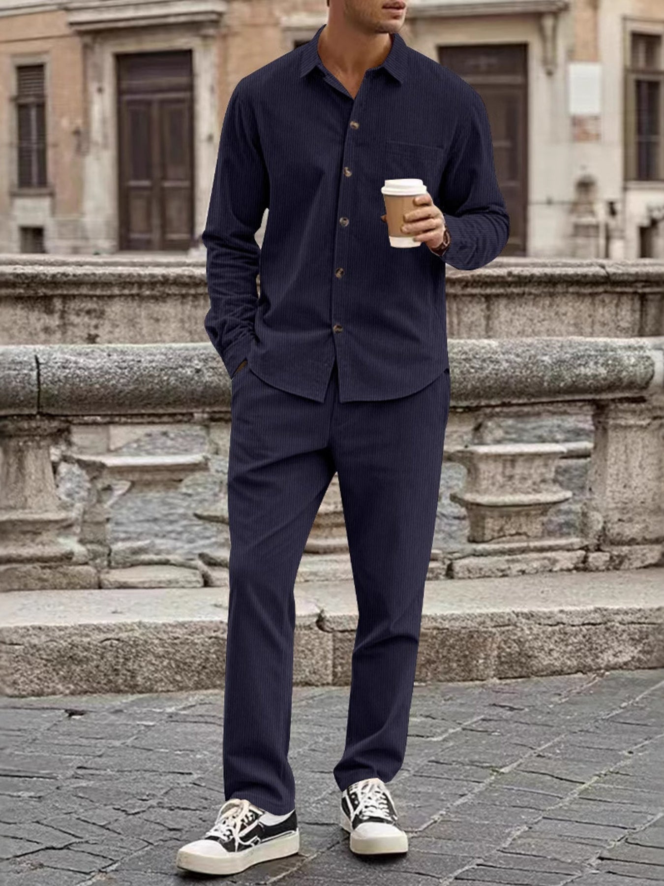 Men's Full Size Button Up Long Sleeve Shirt And Pants Set, close-up detail