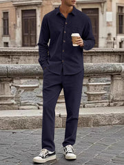 Men's Full Size Button Up Long Sleeve Shirt And Pants Set, close-up detail