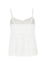 White textured sweetheart neck cami top with lace trim and adjustable straps.