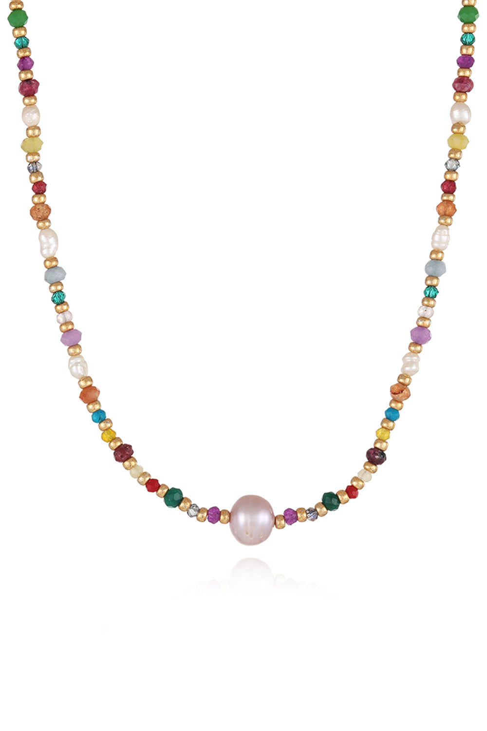 Multicolor beaded gemstone and pearl necklace with a large pink pearl centerpiece.