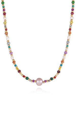 Multicolor beaded gemstone and pearl necklace with a large pink pearl centerpiece.