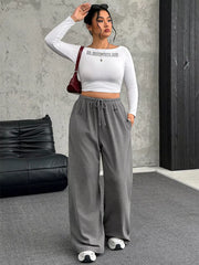 Maternity drawstring wide-leg pants in gray, with a relaxed fit and comfortable waistband.
