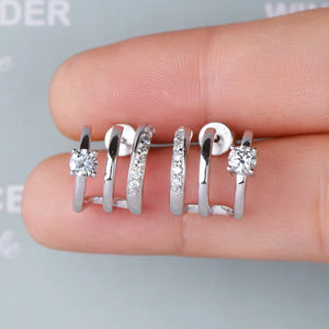 Triple-bar crystal stud earrings in silver with a D color grade diamond accent.